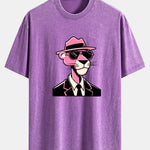 Pink Gentleman Panther Print Washed Distressed Drop Shoulder T-Shirt