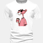 Regular Fit Pink Panther Drinking Coffee Print Cotton T-Shirt