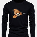 Long Sleeve Zipper Bear Print Cotton T-Shirt