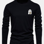 Long Sleeve Ghost Drinking Coffee Print Cotton T-Shirt