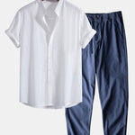 Linen Look Cotton Stand Collar Shirt & Straight Leg Linen Cotton Blend Pants