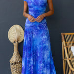 Asymmetric Shoulder Ruched Waist Floral Print Maxi Dress