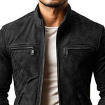 Men's Classic Casual Slim Fit Zipper Multi-Pocket Stand Collar Suede Jacket