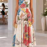 Spaghetti Strap Sweetheart Neck Abstract Floral Print Midi Dress