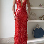 Margovil Spaghetti Strap V Neck Glitter Sequin Maxi Party Dress