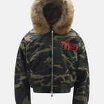 Boxy Camouflage Faux Fur Collar Hooded Jacket