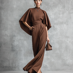 Women's Vintage-style Brown Cotton And Linen Cape-sleeved Dress