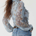 Ruffled Zip-Front Chiffon Blouse In Serene Blue Print