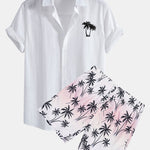 Palm Trees Print Linen Look Cotton Button Up Shirt & Swim Shorts