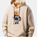 Basketball Bear Print Relax Fit Drawstring Hoodie