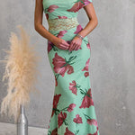 Asymmetrical Shoulder Lace Splice Floral Print Maxi Dress