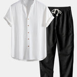 V Neck Linen Rayon Blend Shirt & Straight Leg Linen Pants