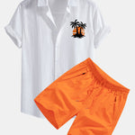 Sunset Palm Trees Print Linen Look Cotton Button Up Shirt & Swim Shorts