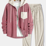 Long Sleeved Contrast Corduroy Hooded Shirt & Straight Leg Corduroy Pants