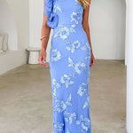 Sleeveless Ruffle One Shoulder Floral Mesh Maxi Dress