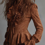 Vintage Caramel Eco-Suede Ruffle Blouse With Lace Trim