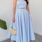 Striped Strapless Tube Crop Top High Rise Pocketed Midi Skirt Set