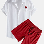 Red Rose Print Linen Look Cotton Button Up Shirt & Swim Shorts