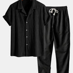 Knitted Geometric Rhombus Jacquard Cuban Shirt & Straight Leg Linen Pants
