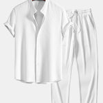 Muscle Fit Ribbed Stand Collar Shirt & Straight Leg Ribbed Pants