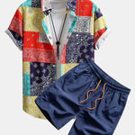 Color Block Paisley Print Button Up Shirt & Swim Shorts