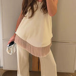 Tie Knot Shoulder Sleeveless Fringe Hem Top