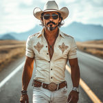 Men's Spring And Summer New Fashion Retro Western Cowboy Style Suede Embroidery Slim Lapel Short-Sleeved Shirt