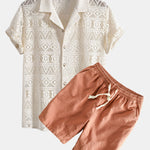 Short Sleeve Geometry Textured Cuban Shirt & Linen Cotton Blend Shorts