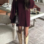 Margovil Long Sleeves Cable Knit Mini Sweater Dress