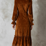 Retro Ruffle Neck Lace Trim Eco-friendly Velvet Midi Dress