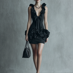 Women's fashionable black acetate double-sided satin ruffled V-neck short dress