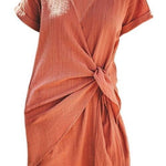 Margovil Solid Cross V Neck Tie Wrap Dress