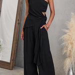 One Shoulder Irregular Hem Top High Rise Pocketed Wide Leg Pants Set