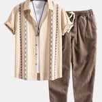Geometric Print Linen Look Shirt & Linen Cotton Blend Cropped Pants