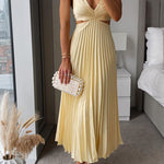 7 Colors Chicest V Neck Cut Out Waist Sleeveless Pleated Maxi Dress