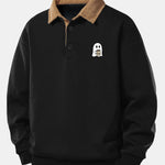 Relax Fit Ghost Drinking Coffee Print Contrast Corduroy Polo Collar Sweatshirt