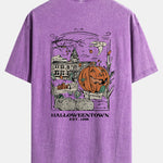 Halloween Pumpkin Town Print Washed Distressed Drop Shoulder T-Shirt