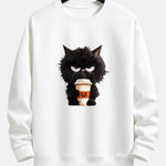Black Cat Halloween Coffee Print Relax Fit Sweatshirt