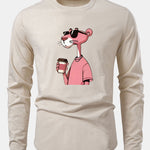 Pink Panther Drinking Coffee Print Cotton Arc Hem T-Shirt