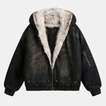 Boxy Faux Fur Collar Washed Denim Hooded Jacket