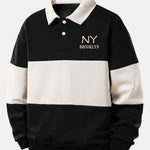 Relax Fit NY Brooklyn Print Color Block Polo Collar Sweatshirt