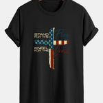 Regular Fit Retro American Flag Cross Print Cotton T-Shirt