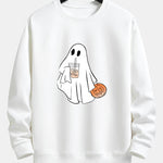 Halloween Ghost Drinking Coffee Pumpkin Print Relax Fit Sweatshirt