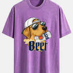 Beer Dog Print Washed Distressed Drop Shoulder T-Shirt