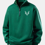Relax Fit Head Deer Print Quarter Zip Sweatshirt