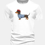 Regular Fit Dachshund Wearing Striped Sweater Print Cotton T-Shirt
