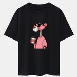 Pink Panther Drinking Coffee Print Drop Shoulder Oversize T-Shirt