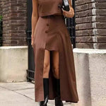Solid Color Crew Neck Crop Top and High Waist Irregular Maxi Skirt Set
