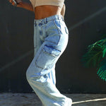 Washed denim multi-pocket non-stretch overalls