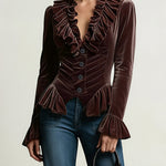 Elasticated Waist Flared Sleeves Buttoned Pleated Ruffled Solid Color Split-Joint Deep V-Neck Blouses&Shirts Tops